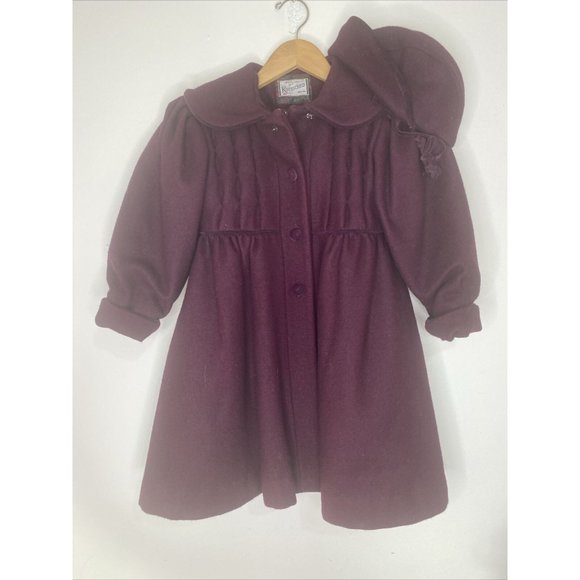 Vintage Rothschild Girls Wool Dress Coat Sz 5 With Hat Purple Maroon Velvet USA